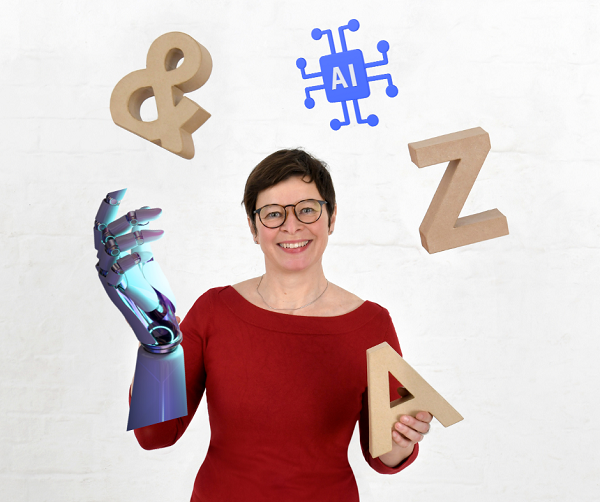 Frau jongliert mit Buchstaben und KI