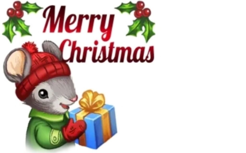 gezeichnetes Bild von einer kleinen Maus mit Mütze und einem Geschenk mit Schriftzug "Merry Christmas"