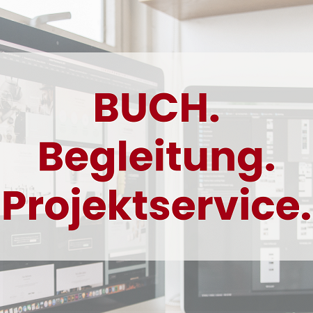 Key Visual mit roter Schrift "BUCH.Begleitung.Projektservice" für das Angebot "Externes Projektmanagement für Verlage"